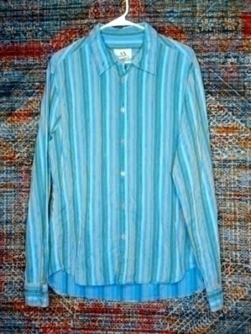 Armani Exchange mens blue gray orange vertical striped button shirt L EUC